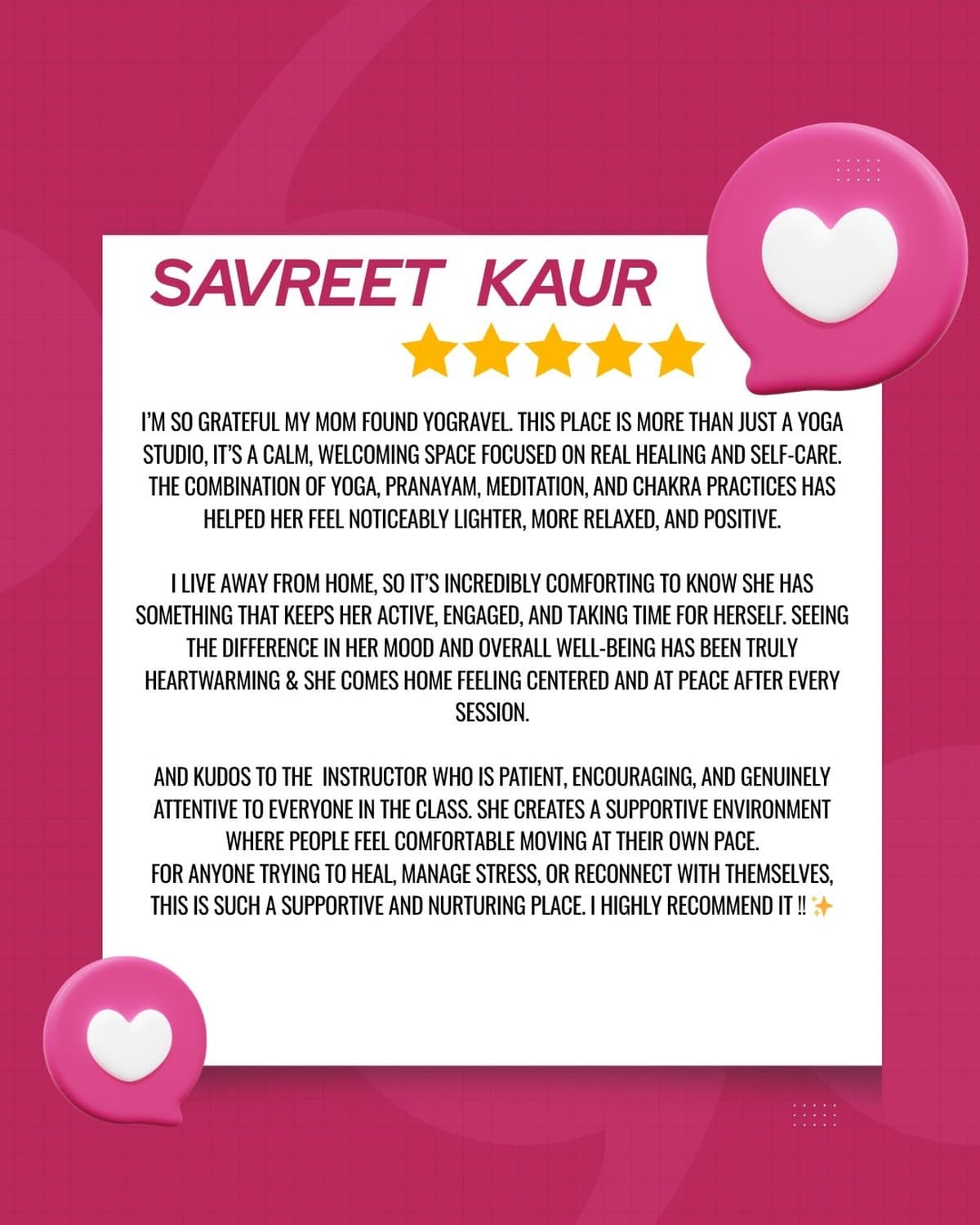 Five-star client review from Savreet Kaur about her pranic healing sessions