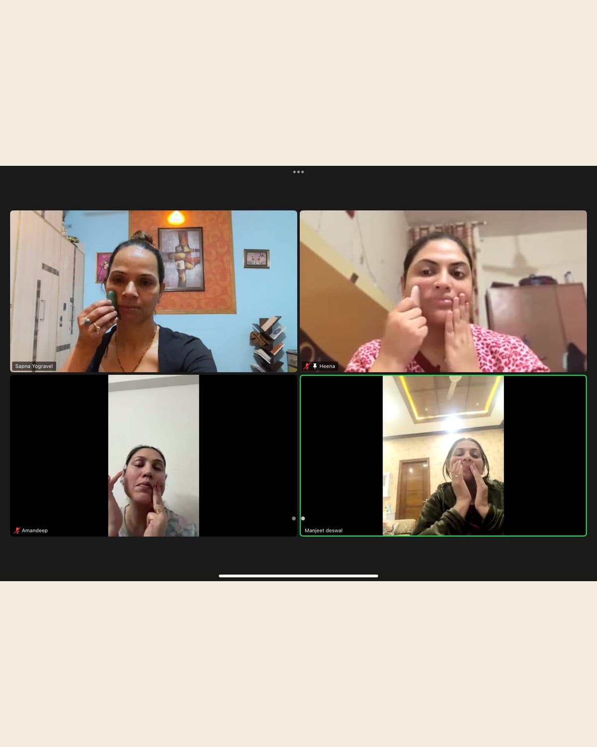 Face yoga practice on a live online batch call